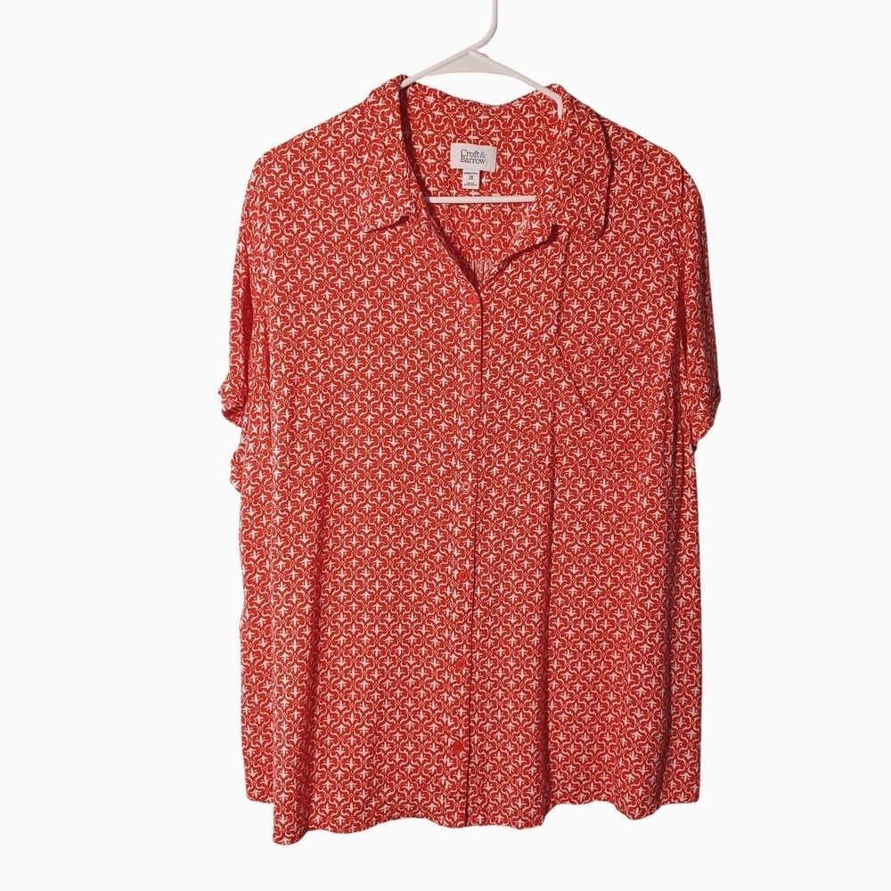 Croft & Barrow Short Sleeve Button Up Top Womens Size 2X Red Geometric Rayon
